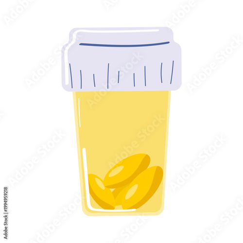 Clean flat translucent yellow pill bottle with a white cap, containing three softgel capsules. Ideal for health supplement branding, pharmaceutical marketing, and wellness infographics.