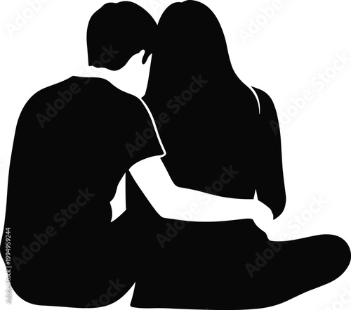 Romantic couple sitting together silhouette, love and relationship concept, intimacy moment, boyfriend and girlfriend bonding, emotional connection, young couple affection illustration scene
