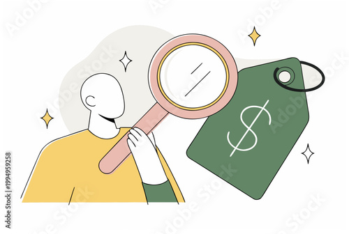 Person examining price tag with dollar symbol using magnifying glass for smart spending and conscious budgeting concept. Vector illustration