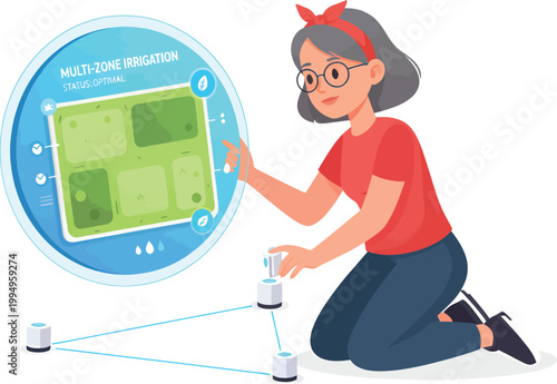 Robotics, coding, navigation, educational illustration, multi-tone irrigation system