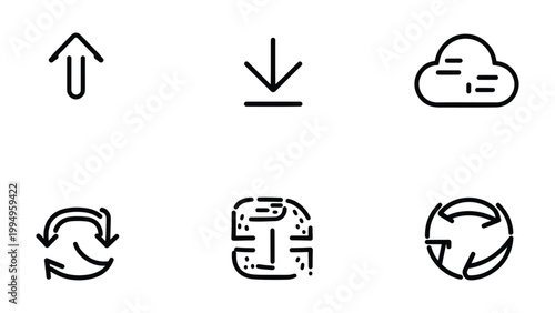 Essential Icons for Modern Communication: Clean, minimalist icons, including upward arrow, downward arrow, cloud, recycle, data transfer, and circular arrows, are isolated.
