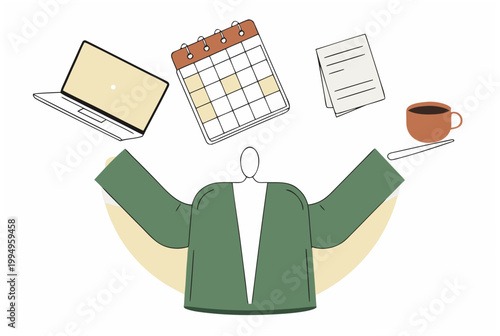 Woman juggling work items, balancing laptop, calendar, document, coffee mug in a flat style illustration for freelance and gig worker finance concept