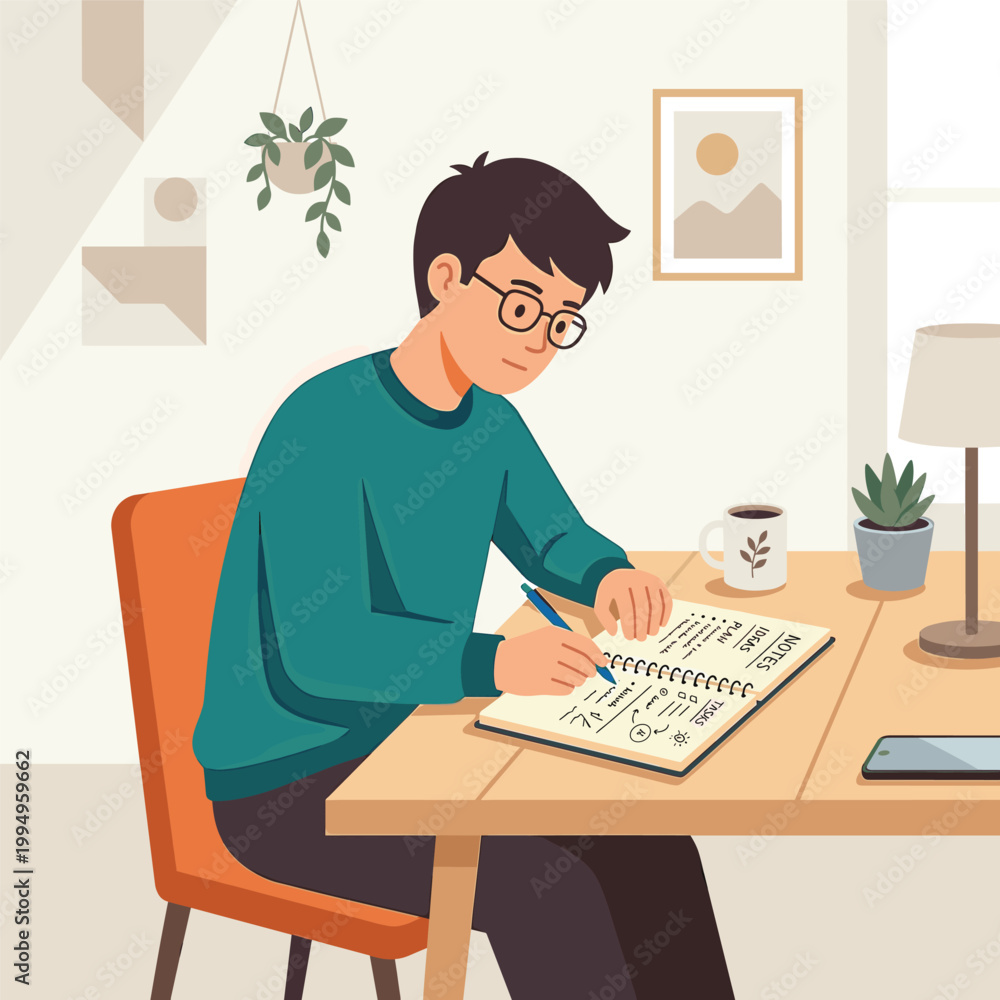 Fototapeta premium Man Writing In Notebook In Garden With Chair