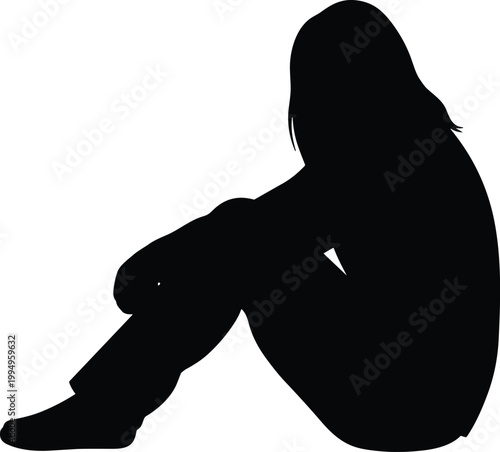 Sad woman silhouette sitting alone, depression loneliness concept, mental health stress or anxiety idea, emotional sadness person isolated on white background illustration