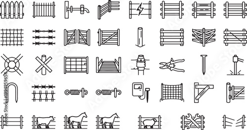 Comprehensive collection of agricultural fencing and farm gate line icons featuring barbed wire electric fences wooden barriers livestock enclosures and ranch boundary tools,