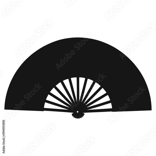 A striking black graphic depicts a partially opened folding fan against a white background silhouette