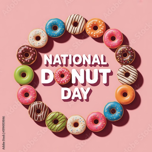 National donut day framed by a variety of colorful donuts with baked goods sugar rush junk food national holiday sweet treat party food celebration confectionery sprinkles delicious occasion