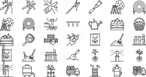 Comprehensive orchard maintenance and tree care line icons featuring professional pruning tools harvesting equipment fruit cultivation irrigation systems and organic nursery supplies,
