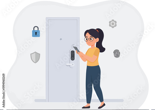 Smart home security, woman unlocking door, biometric scanner, futuristic access control