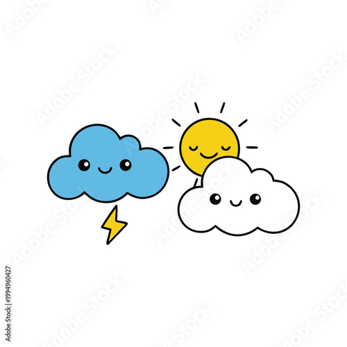 Cute cartoon sun and clouds with lightning bolt, kawaii style weather