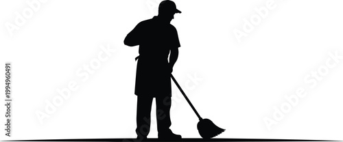 Silhouette of janitor sweeping floor with broom, cleaning service concept, housekeeping work and sanitation maintenance isolated on white background for hygiene and facility management