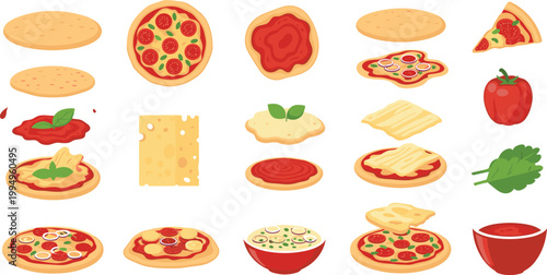 Pizza ingredients and preparation elements set with dough, sauce, cheese and toppings in flat style for cooking, menu and food design