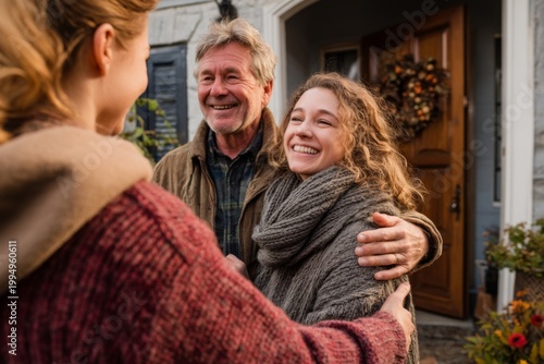 Family members greet each other warmly during a visit at home in autumn season with outdoor decorations and smiles on their faces