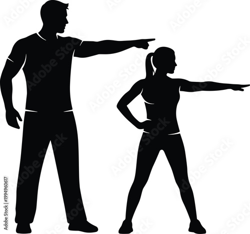 Silhouette of man and woman pointing forward, direction and teamwork concept, leadership, guidance and coordination isolated on white background for business and motivation design