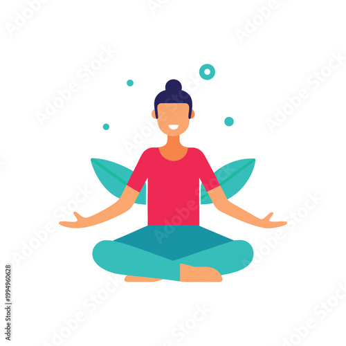 Flat of a person meditating in lotus pose with teal leaves and bubbles meditation yoga woman
