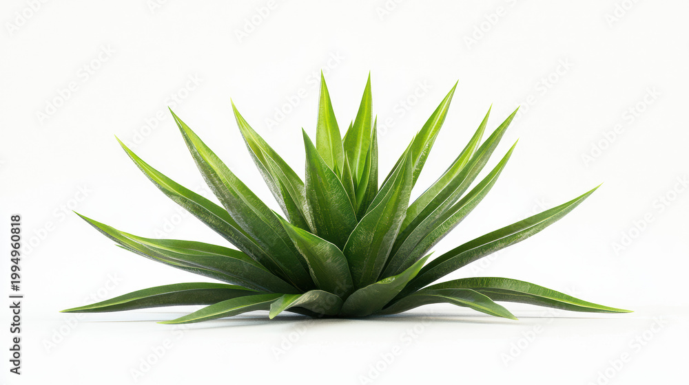 Fototapeta premium A vibrant green agave plant with its pointed leaves arranged in a symmetrical rosette shape is perfectly isolated against a bright white studio background.