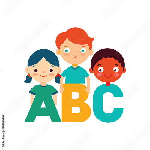 Three diverse cartoon children holding large abc letters, education concept kids multicultural