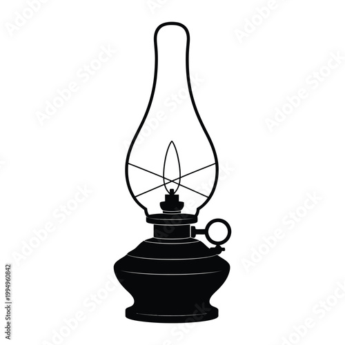 A striking black silhouette depicts an antique oil lamp with a visible flame silhouette