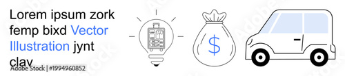 Finance, innovation, technology, income, mobility, and energy efficiency. A light bulb, mobile phone money bag and car illustration. Finance and innovation portrayed through symbols of money