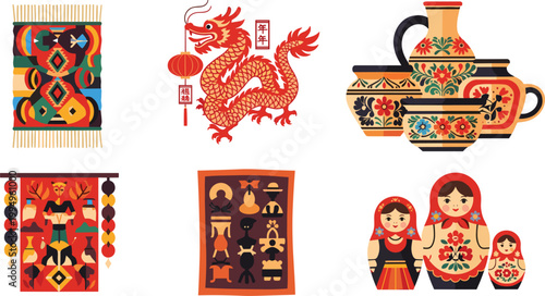 Colorful traditional Asian cultural vector set featuring Chinese dragon, decorative rugs, folk ornaments, teapots, and Russian matryoshka dolls in flat design style.