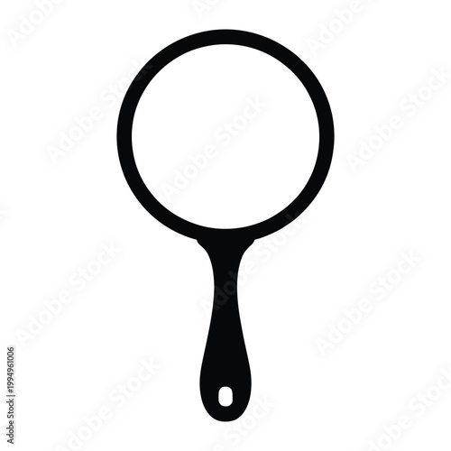 A black handheld mirror with a circular reflective surface presented as a silhouette