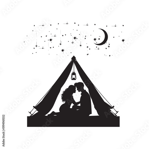Silhouette couple in tent under crescent moon and stars, romantic camping