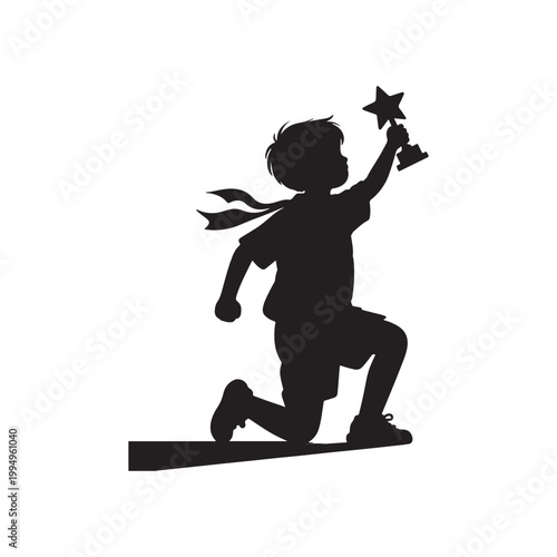 Silhouette of a boy in motion, holding a star trophy aloft child