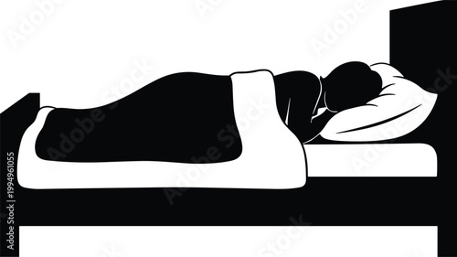 Silhouette of person sleeping on bed with pillow and blanket, night rest and relaxation concept, healthy sleep lifestyle isolated on white background for wellness design