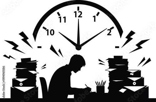 Silhouette of stressed worker at desk under clock with paperwork, deadline pressure, overtime workload and time management concept isolated on white background