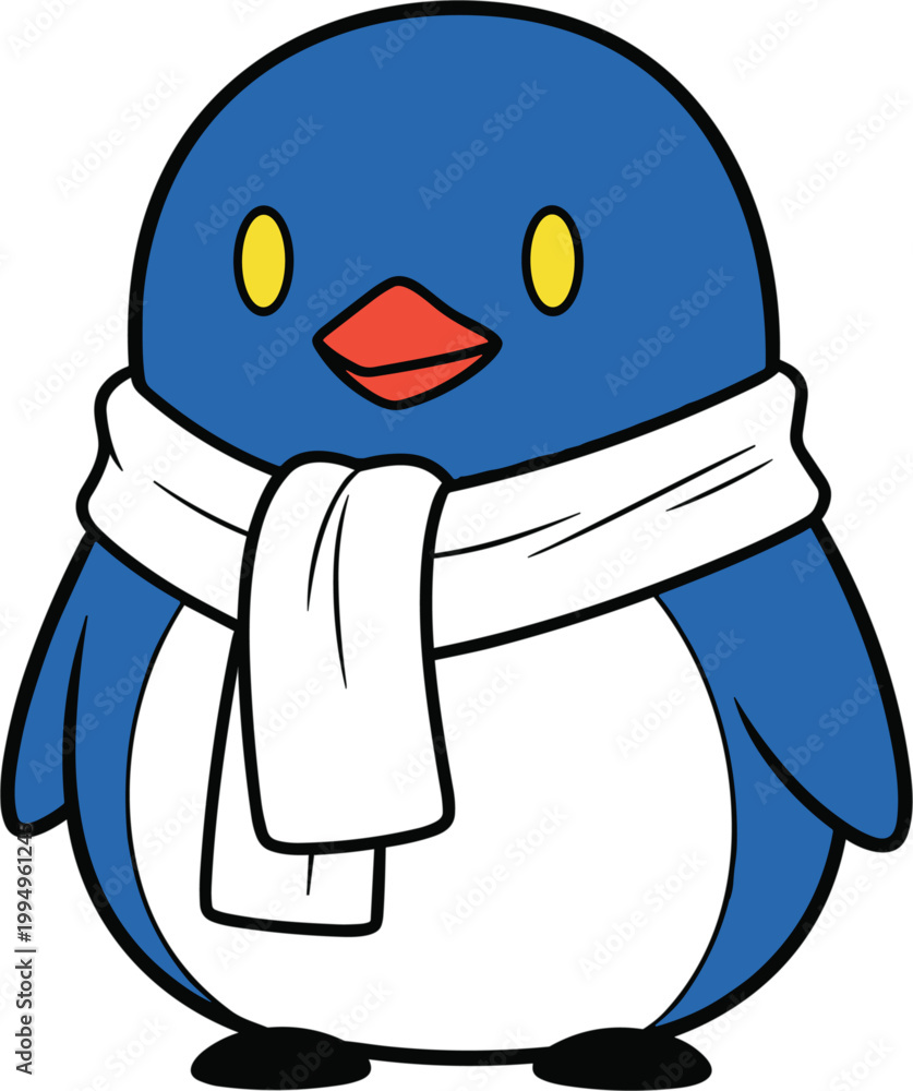 Obraz premium Cute blue penguin cartoon character wearing a white winter scarf for cold weather protection and arctic animal themed illustrations isolated on white background flat vector illustration.