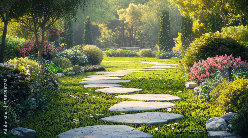 Obraz premium A winding stone path meanders through a lush, green garden filled with vibrant flowers and manicured bushes on a bright, sunny day in the summertime.