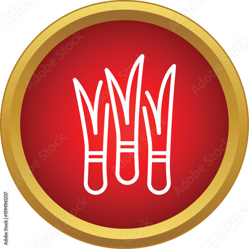White outline leek icon inside a red circle with a golden border