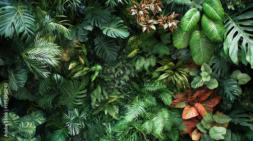 A lush vertical garden showcases a vibrant collection of tropical plants including monstera leaves and other diverse foliage creating a stunning natural wall display.
