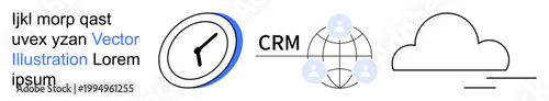 Time management, cloud computing, CRM systems, data sharing, networking, productivity tools. Clock, CRM database globe and cloud icons in a minimal style. Time management and cloud computing concept