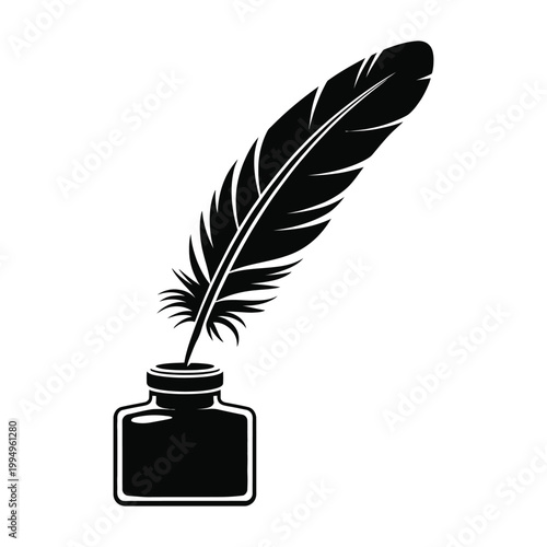 A detailed black silhouette of a classic quill pen and inkwell beautifully rendered silhouette