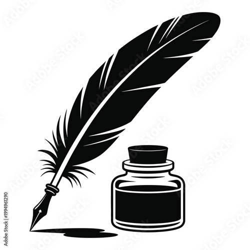 A classic black quill pen rests beside an inkwell depicted in stark silhouette