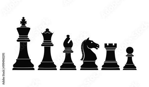 Silhouette of chess pieces including king, queen, bishop, knight, rook, and pawn, isolated on white background, illustrating strategy and intellect.