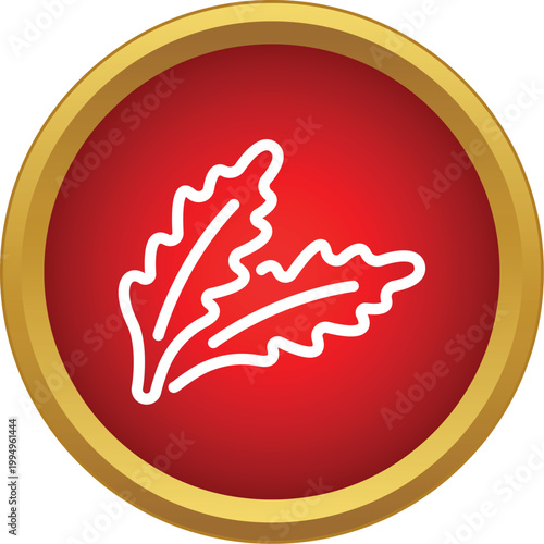 Arugula leaves icon on a red button with a golden frame, representing fresh healthy food