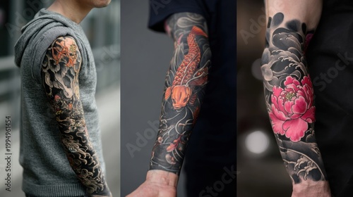 Collection of Japanese Style Full Sleeve Tattoos on Arms.