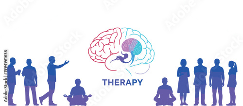 Mental health therapy concept featuring human brain illustration with silhouettes of people in group counseling meditation and support sessions for psychological wellness and mindfulness.