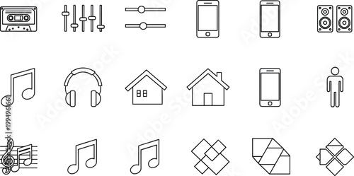 Mixed media lifestyle line icons set music home smartphone speaker abstract shapes vector outline collection