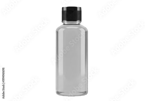 Clear plastic bottle with black cap for liquid storage