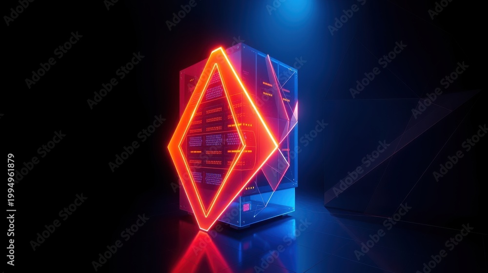 Fototapeta premium Futuristic computer tower glows with vibrant neon lights. Blue, red illumination creates dramatic visual effect. Modern design, sleek aesthetic.