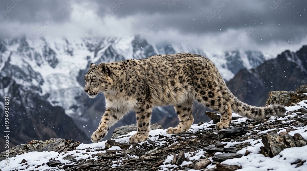 Fototapeta premium Snow Leopard Walking Across Rocky Ridge During Snowfall