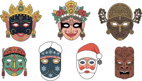 Set of cultural masks featuring Himalayan deity Peking Opera face paint African tribal patterns Maori wood carving and festive Santa Claus for global tradition and ethnic celebration.