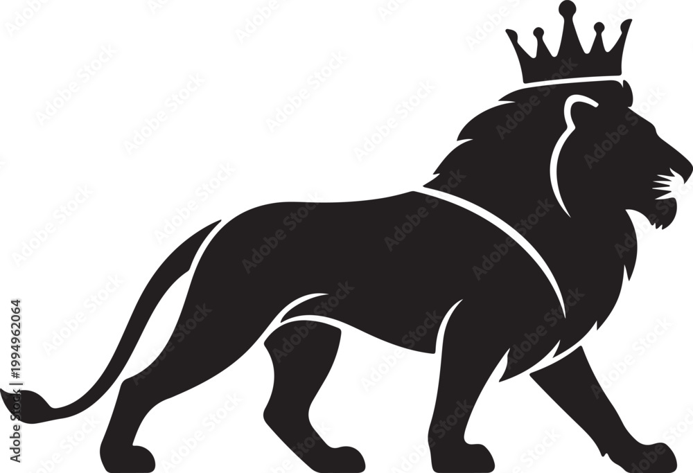 Fototapeta premium Powerful black silhouette of a majestic lion wearing a royal crown, representing strength, leadership, royalty, and courage, isolated on a white background.