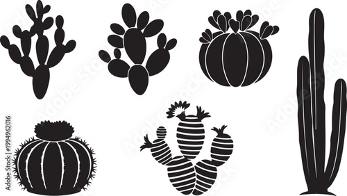 Collection of diverse black and white silhouette icons of various cactus plants, ideal for desert themes, botanical illustrations, and arid landscape designs.
