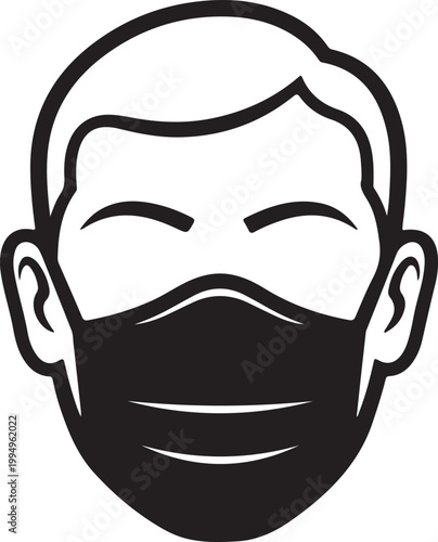 Simple black and white silhouette icon depicting a person wearing a protective face mask, symbolizing health, safety, and pandemic awareness.