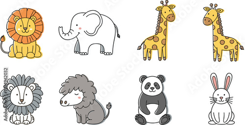 Set of cute hand drawn animal characters including lion elephant giraffe panda and rabbit in kawaii style for nursery decor baby shower and children design.