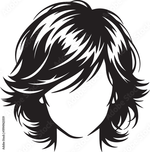 Abstract black silhouette of a woman's hairstyle, featuring a modern, layered, and voluminous cut, suggesting fashion, beauty, and style, isolated on white.